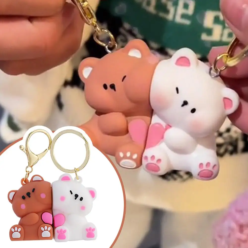 Cute Teddy Bear Magnetic Keychain For Love Couple Small Cartoon Bear Mutual Attraction Pendant Birthday Gift For Lover Couple