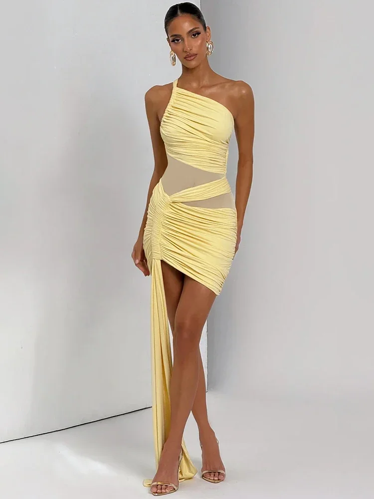 

2025 New Inclined Shoulder Backless Sexy Mini Dress Women Mesh Patchwork Sleeveless Draped Ruched Club Party Dresses