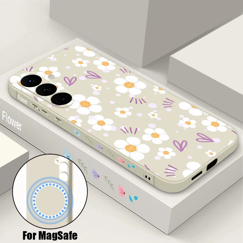 Soft TPU Magnetic Phone Case For Samsung Galaxy S26 S25 S24 S23 Ultra Plus S25 S24 S23 FE S22 White Flower Pattern Lanyard Cover