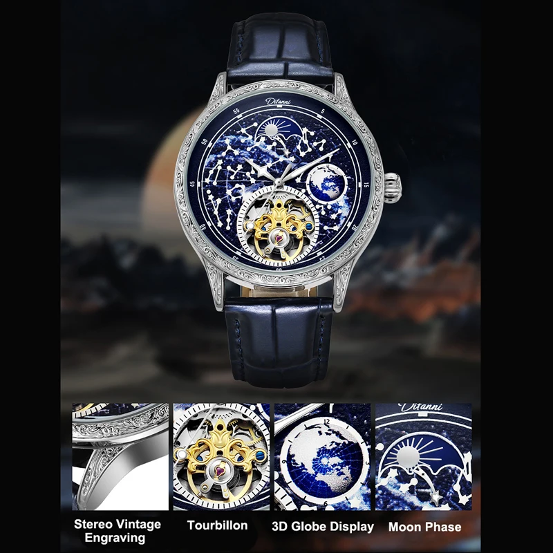 Starry Sky Luminous Vintage Tourbillon Mens Watch Top Brand Luxury Belt Watch Men Automatic Mechanical Skeleton Clock Reloj 2023