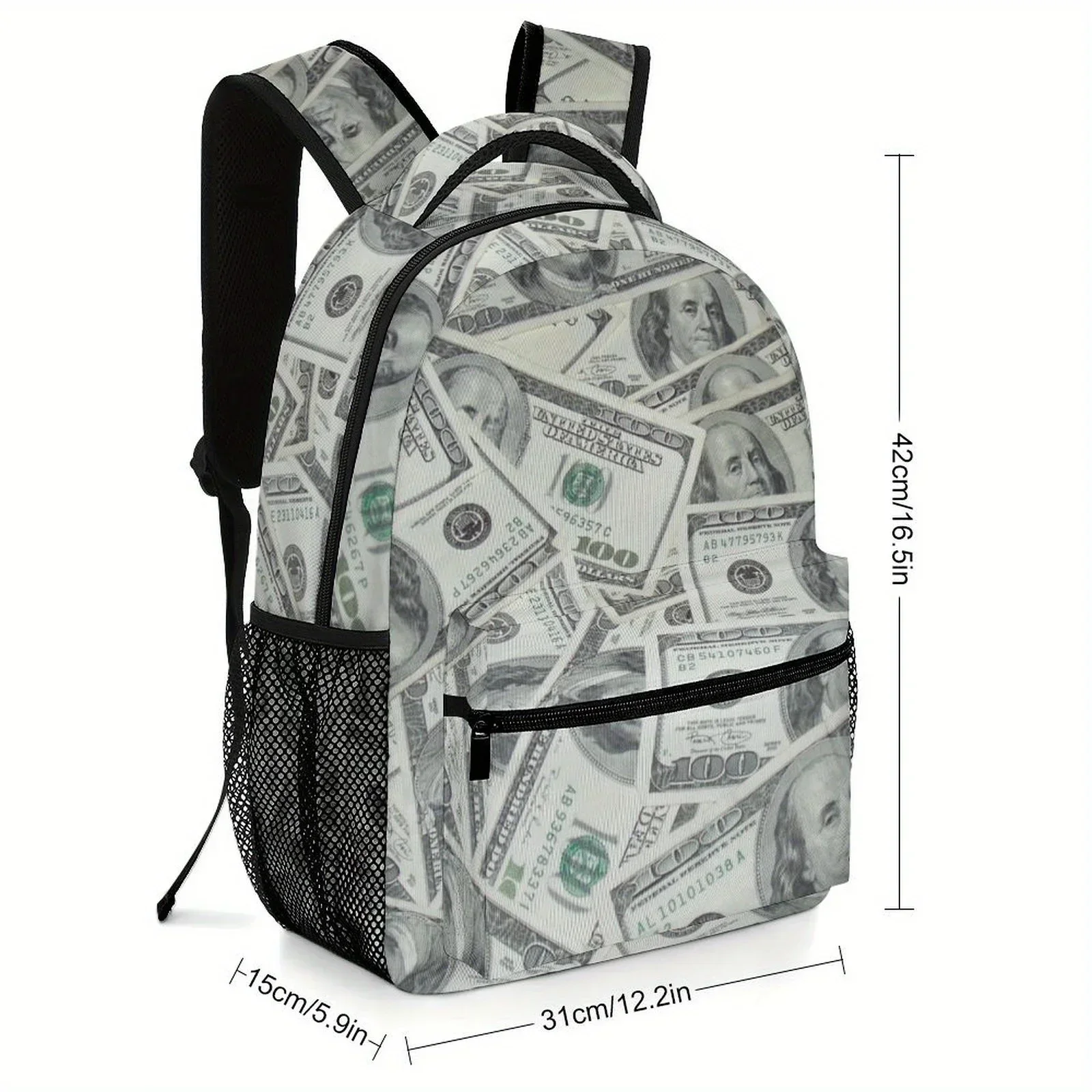 Custom Custom Cool USA Dollar Bill Fashionable Printed Backpack, Lightweight And Durable Fabric, With Adjustable Shoulder Straps