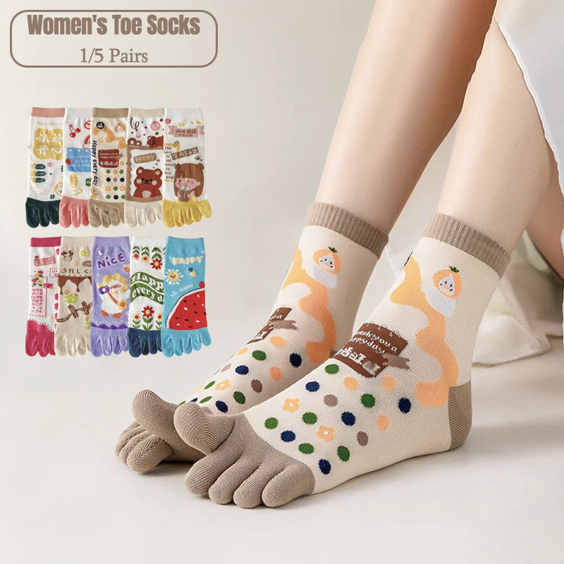 1/5 Paires de Chaussettes à Cinq Doigts Mignonnes pour Femmes, Chaussettes à Doigts Séparés en Coton, Mi-Mollet, pour Sport, Yoga, Printemps
