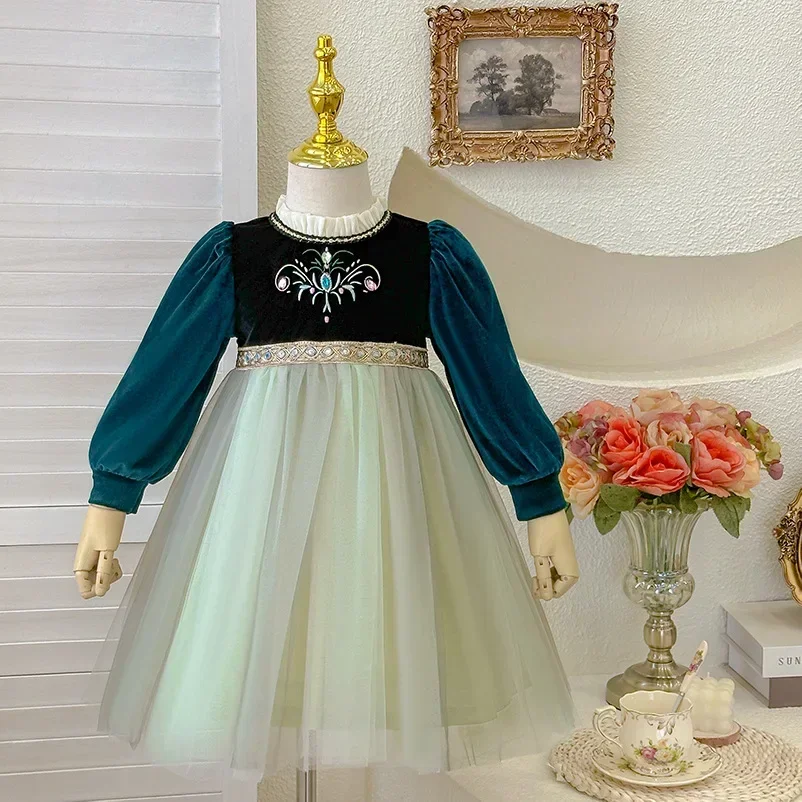 Girls' Autumn/Winter 2025 Party Elegant Girl Anna Frozen Queen Green Dress New Velvet Dress Children Halloween Cosplay Birthday