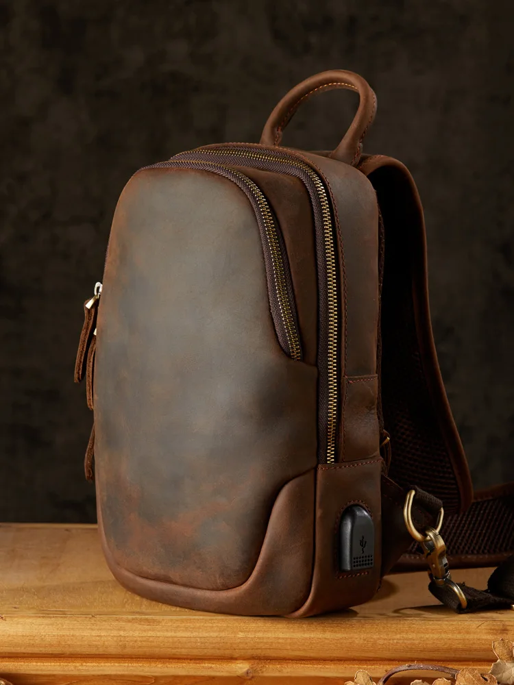 Bolso de pecho de cuero Crazy Horse para hombre, bandolera de hombro para deportes al aire libre, riñonera de tendencia de lujo