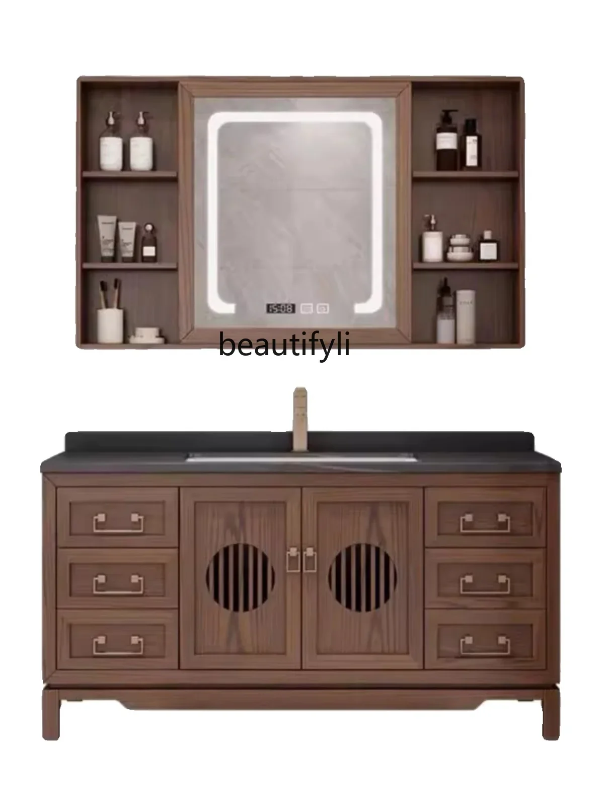 

Bathroom Cabinet Combination Red Oak Washstand Bathroom Double Basin Floor Washbasin Smart Wall Cupboard