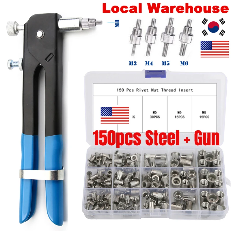 150PCS Aluminum/Steel Threaded Rivets M3/M4/M5/M6/M8 Rivet Gun Riveting Threaded Inserts Flat Head Screw Riveter Tool Set