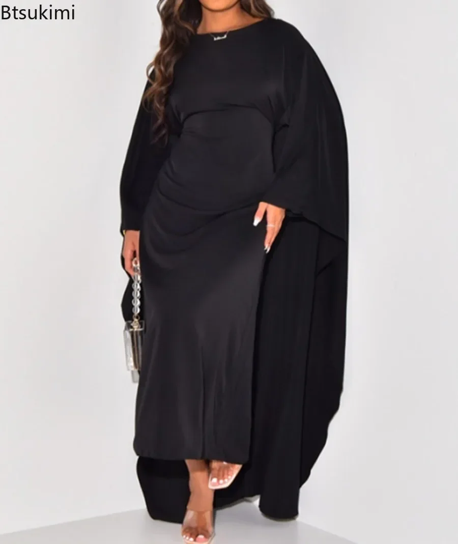 Herbst Mode Satin Party Kleid Robe Abaya Muslimischen Kleid Frauen Elegante Temperament Solide Rundhals Fledermaus Ärmeln Lose Maxi Kleid