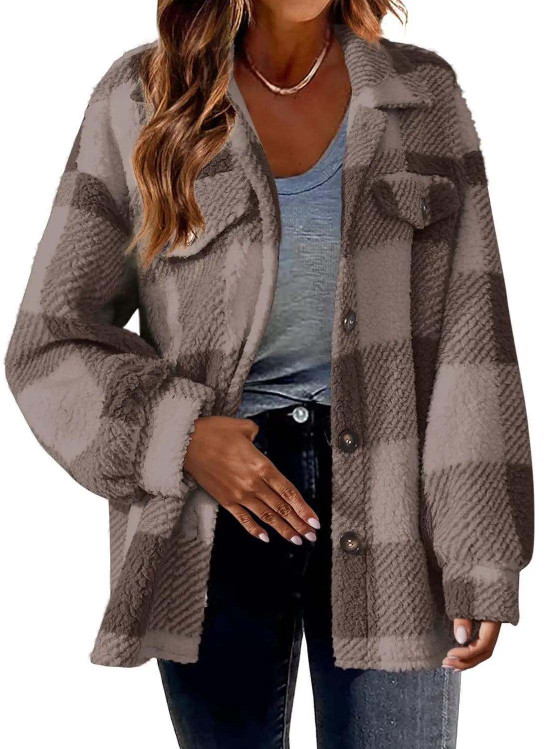 Women's Pocket Plaid Lamb Wool Jacket Button Plush Jacket