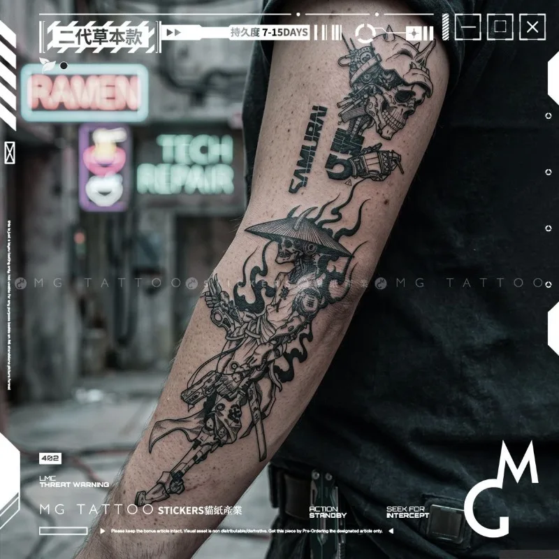 Herbal Cyberpunk Temporary Tattoos for Woman Man Arm Art Fake Tattoo Cyber Mechanical Warrior Dark Skull Prajna Lasting Sticker