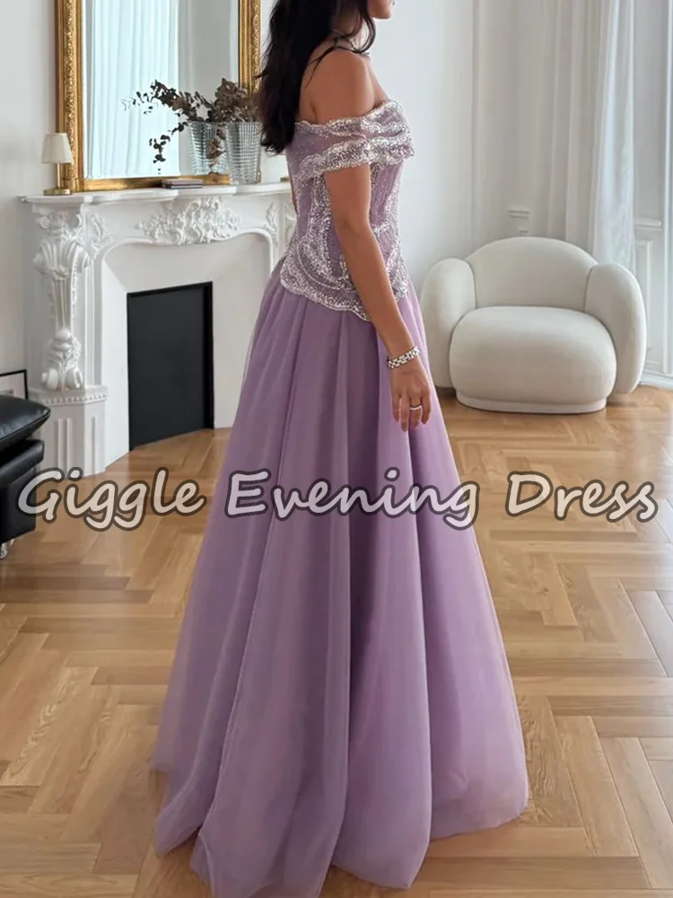 Luxury Off-Shoulder Lavender Evening Dress Beaded Top A-Line Tulle Gown Modest Formal Saudi Prom Party Occasions Customized
