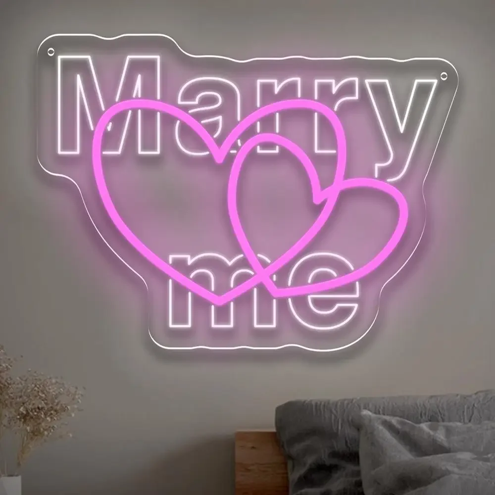 Marry Me Neon Sign LED Wall Art Pink Double Hearts Proposal Quote USB Powered Dimmable Acrylic Glow Lamp Wedding Decor