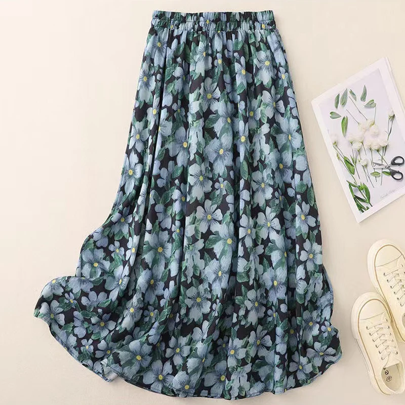 

French Style Floral Print Women Skirts 2024 New Summer Elegant High Waist Slim Ladies Midi Skirt Holiday Beach Skirts Jupe Femme