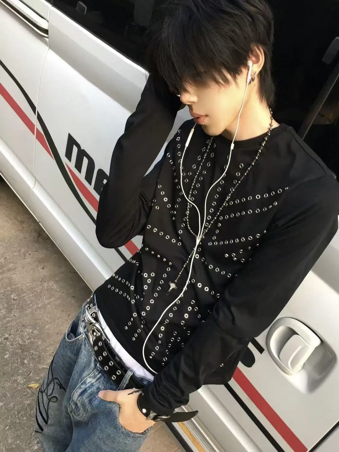 Black Long Sleeve T-Shirt American High Street Style Rivet Rhinestone Loose Y2K Subculture Base Shirt Inner Wear Top for Men ...