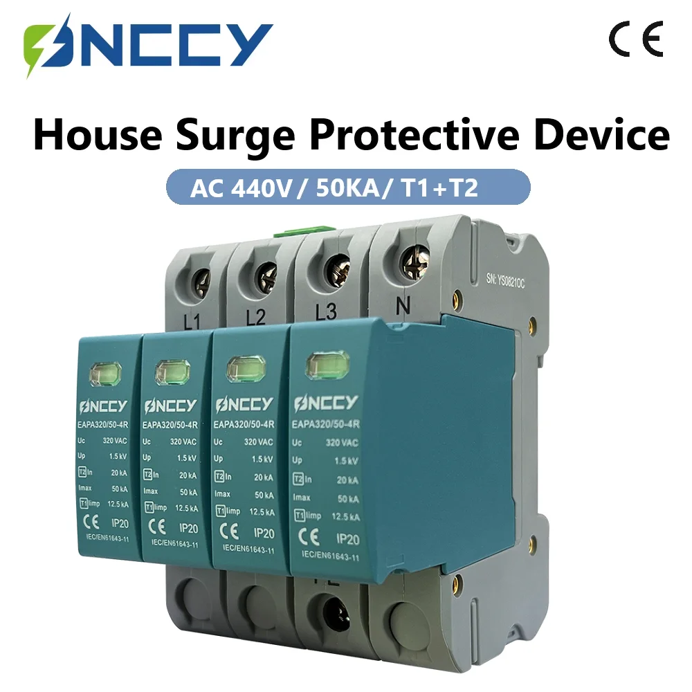 ONCCY 4P AC Surge Protector T1+T2, 3 phase surge protector 220V 320V 385V 440V, SPD Surge Protection Device with alarm contact
