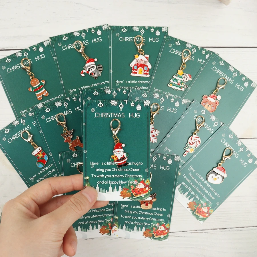 Give Him/Her a Set of 14 Christmas-Themed Keychains, Including Santa Claus, Snowman, Gingerbread Man, Reindeer and Other Designs, with a Christmas Hug Greeting Card. This Is a Small Christmas Hug,
