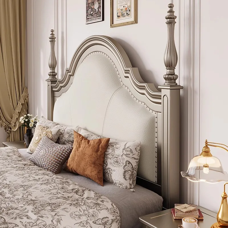 French bed 2m x 2m 2 double beds light luxury master bedroom Meike silver premium leather American solid wood bed government sub