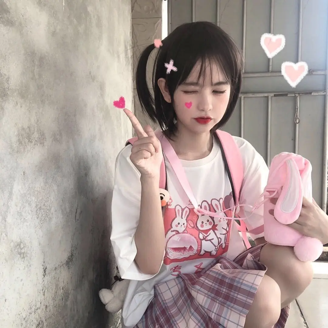 ملابس نسائية كورية أنيقة غير رسمية قميص موهير هاراجوكو مطبوع عليها صورة أرنب لطيف كاواي ملابس للخروجات اليومية للصيف
