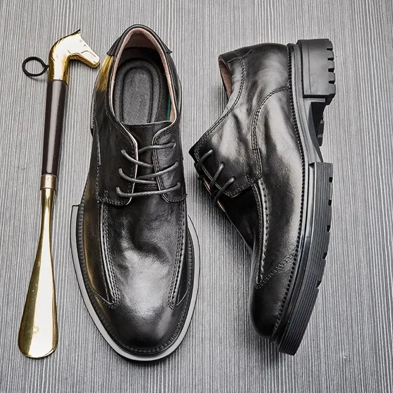 

Men's shoes British style business leather shoes autumn round toe trendy lace up thick soled youth single shoes men