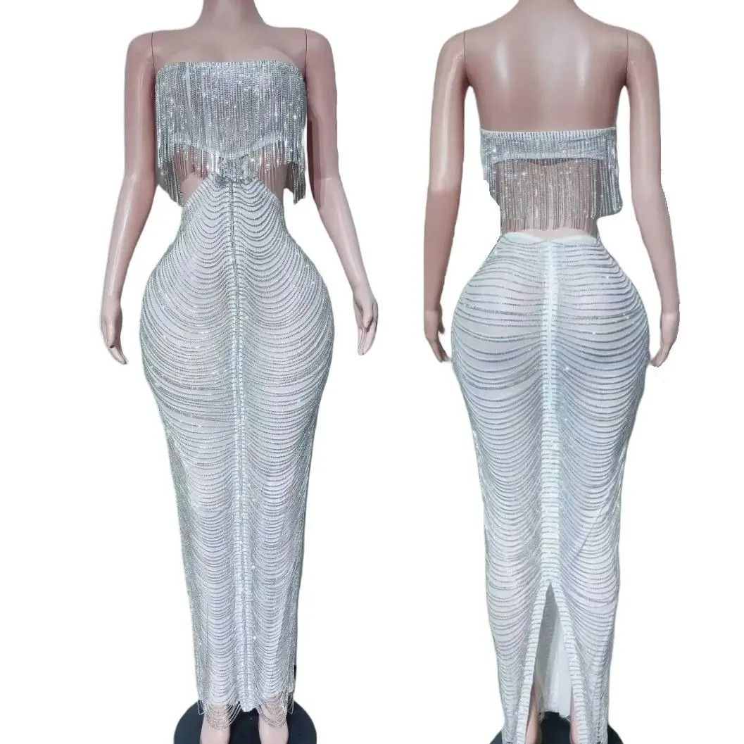 

Luxury Sparkly Crystals Tassel Evening Dress Glamorous Women Night Party Strapless Designer Gown Event Photo Shoot Wear Suangyue