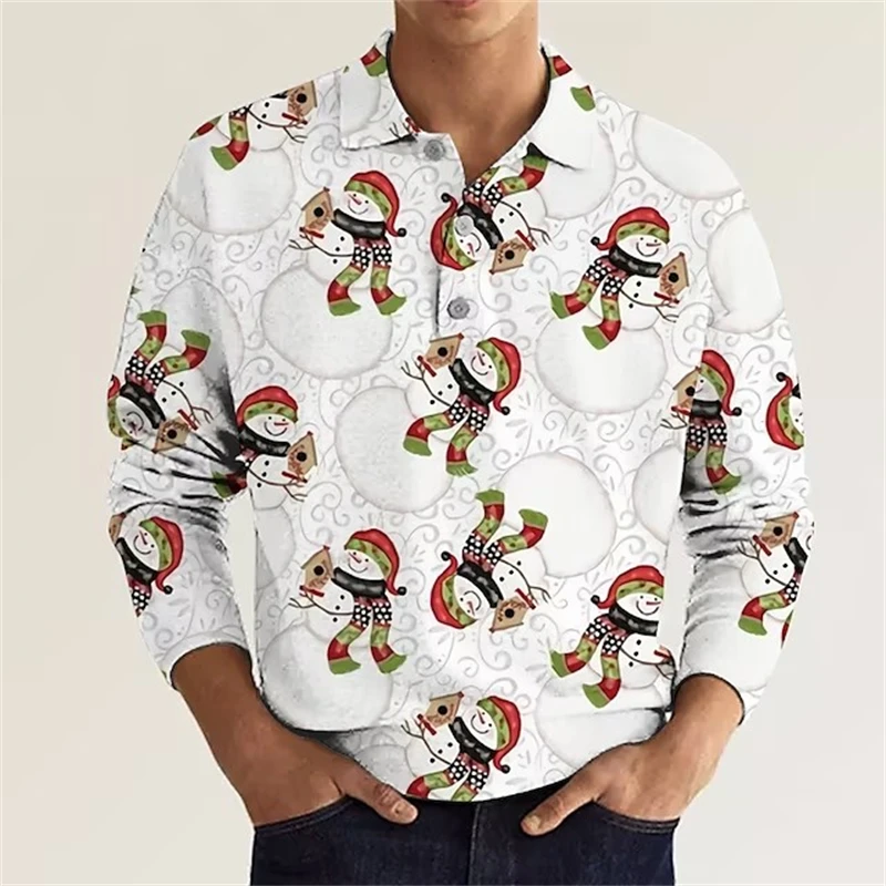 Cute Christmas Festival 3D Graphic Long Sleeve Polo Shirt For Mens Clothes Fresh Casual Fashion Male Lapel Shirts Comfy Tops