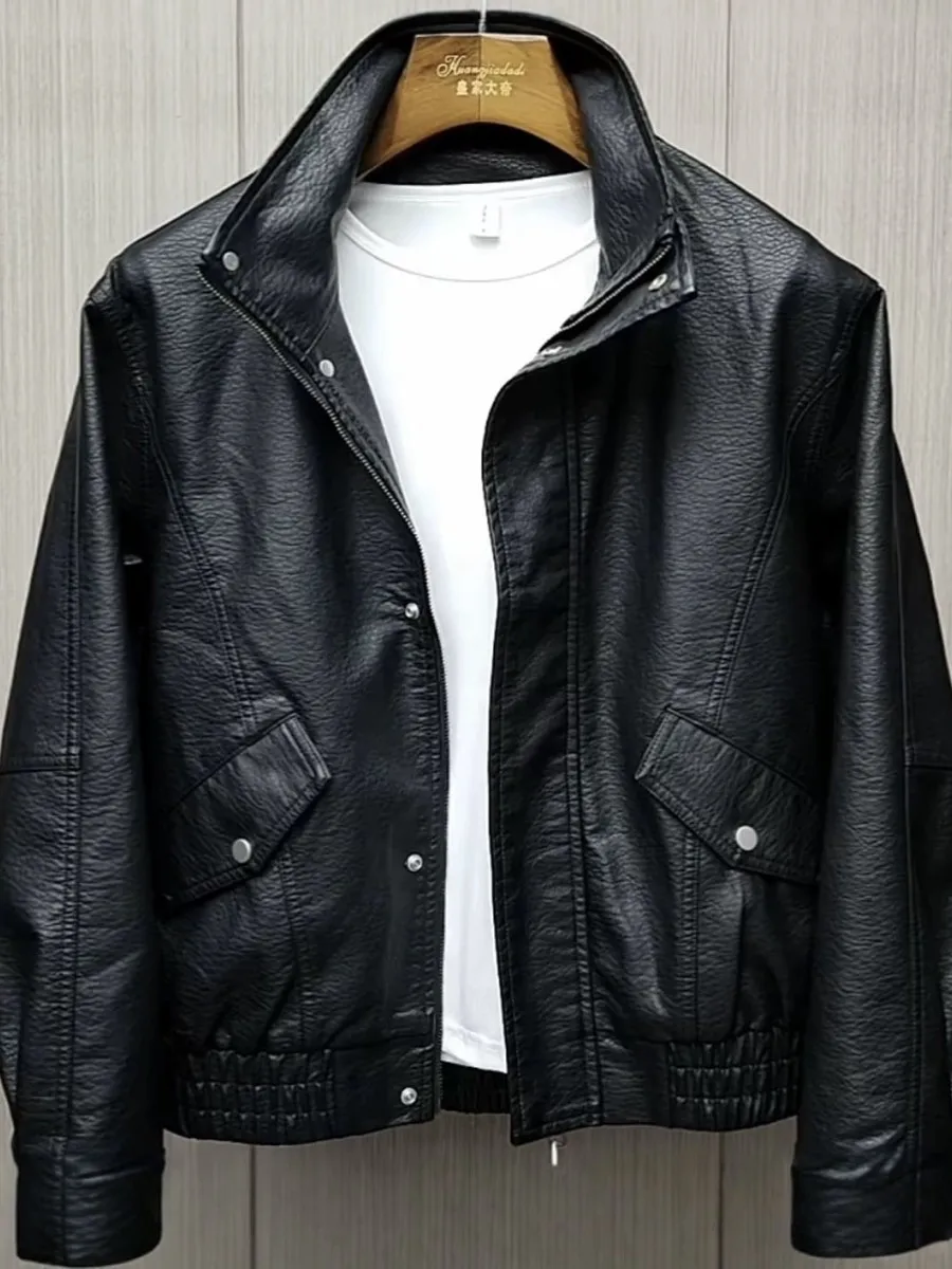 

2026 New Men's Sli Loose Fit Motorcycle PU Leather Jaet Stand Collar Biker Coat Faionable Urban Long Sve Zipper Coat