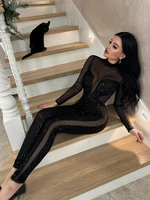 Mesh Patchwork Jumpsuits For Women Fashion Sexy Club Sequined Long Sleeves O-Neck Slim Fit See Through Romper Female Streetwear - Image 3