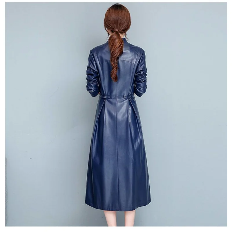 2023 Spring and Autumn New Genuine Leather Clothes Women Mid-Length Slim Stand Collar Trench Coat Fashion Temperament Coat