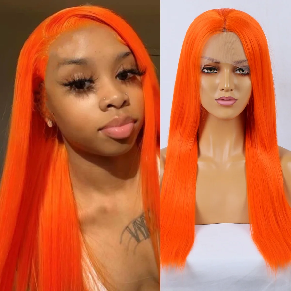 RDY Hot Neon Orange Wig Synthetic Lace Front Wig Glueless Natural Hairline Long Straight Colored Hair Frontal Wigs for Women