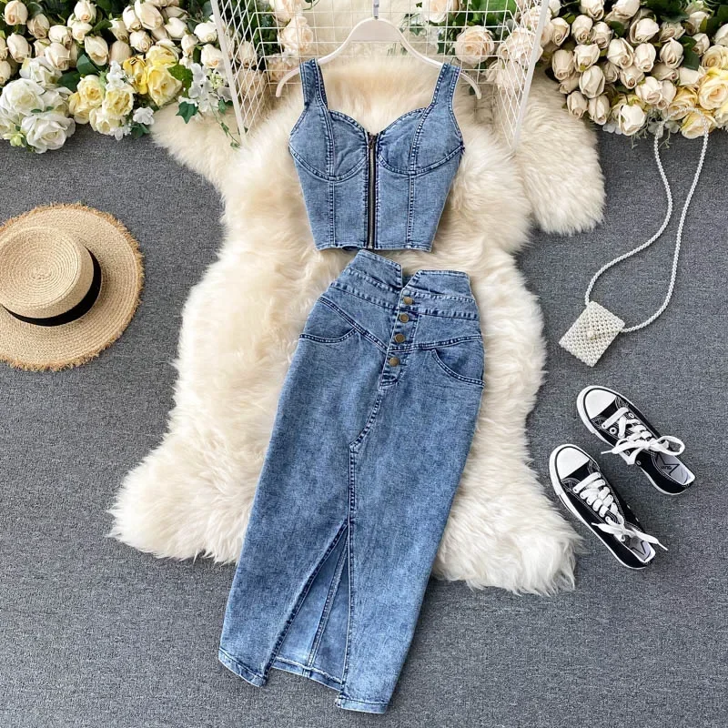 

Women Denim Skirt Set Sexy Camisole Tops+High Waist Denim Pencil Skirt 2 Piece Set Suit Fashion Female Summer Slim Bodycon Suits