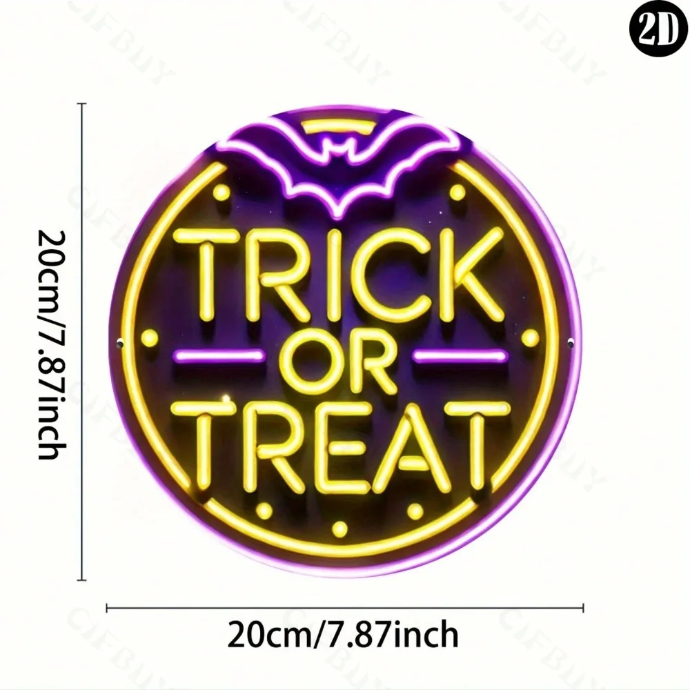 ديكور الهالوين "خدعة أو علاج" نيون 8x8 بوصة علامة معدنية مستديرة - لوحة فنية جدارية متينة من الألومنيوم للمنزل والمكتب وغرفة المعيشة في الأماكن المغلقة
