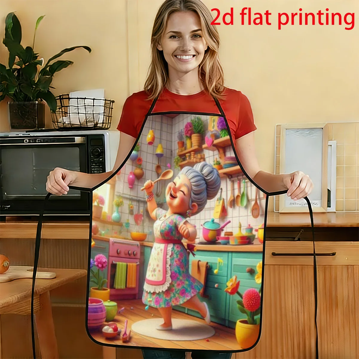 1pc 2D Flat Happy Old Woman Dancing In Colorful Kitchen Pattern Apron Durable And Easy To Clean Adjustable Waist Tie 23.6Inch X