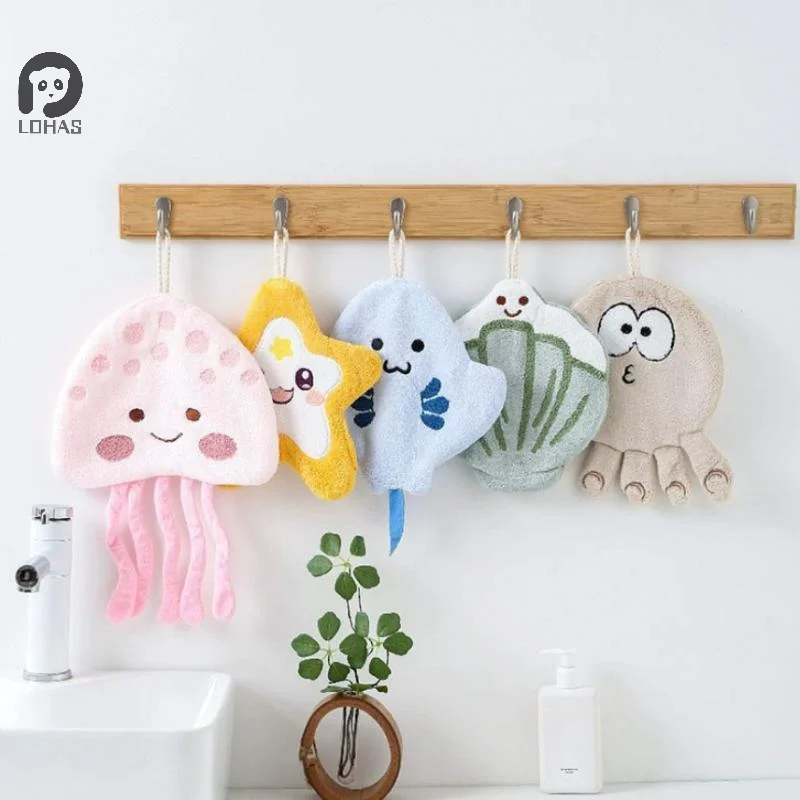 1Pcs Cartoon Marine Organism Hand Towel Quick Drying Kitchen Towel Cleaning Rag Coral Velvet Absorbent Hanging Towel Bathroom