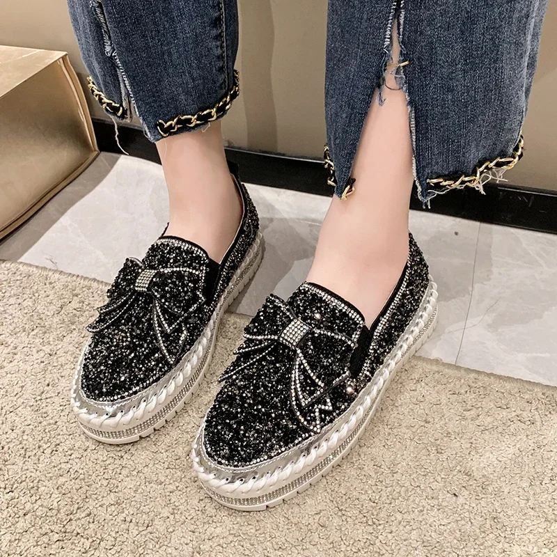 Fashion Women Shoes Shining Rhinestone Loafer Bowknot Slip-on Thick Botton Casual Ladies Crystal Female Platform Sneakers Sports