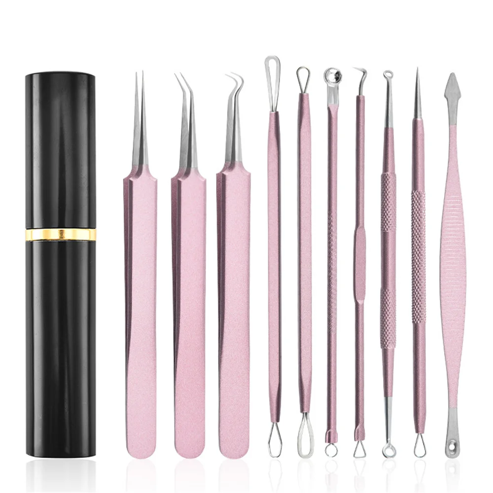 Pimple Popper Tool Kit 10 Pcs Blackhead Remover Comedone Extractor Blackheads Zit Removing Face Nose Cleaning Beauty Skincare