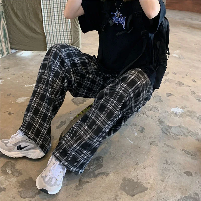 Zoki Herbst Frauen Plaid Hosen Casual Oversize Lose Breite Bein Hosen Retro Jugendliche Harajuku Schwarz Hip Hop Alle Spiel Streetwear 3XL