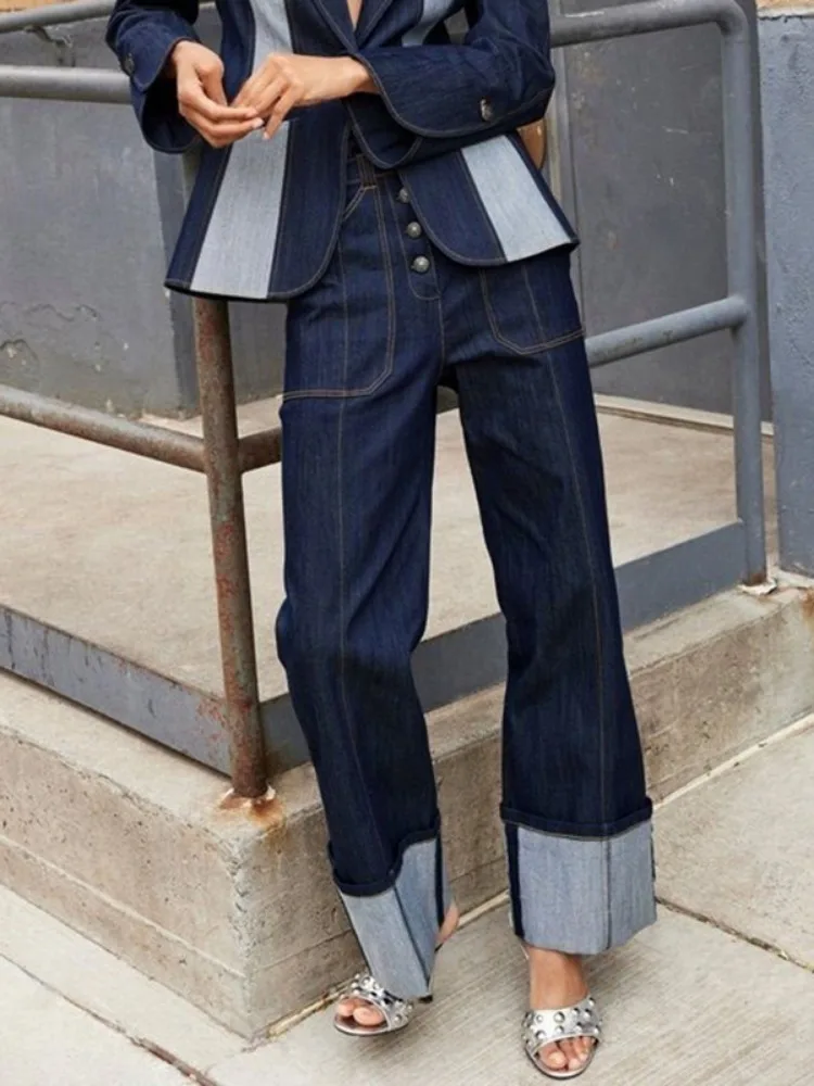 

Женские темно-синие брюки, осень 2024, стильные свободные широкие брюки с высокой талией, уличная одежда, джинсы для женщин, одинаковые брюки