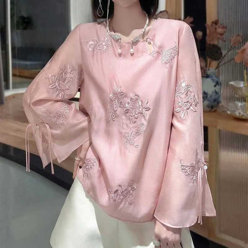 

Elegant Chinese Style Women Blouse With Floral Embroidery Lantern Sleeve Loose Fit O Neck Casual Top For Spring And Autumn