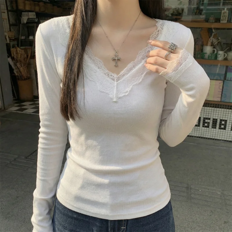 2026 Herbst Winter Damen T-Shirt V-Ausschnitt Spitzen-Top Weich Hautfreundlich Fleece-Gefüttert Langarm Thermo-T-Shirt für Layering – Detail 18