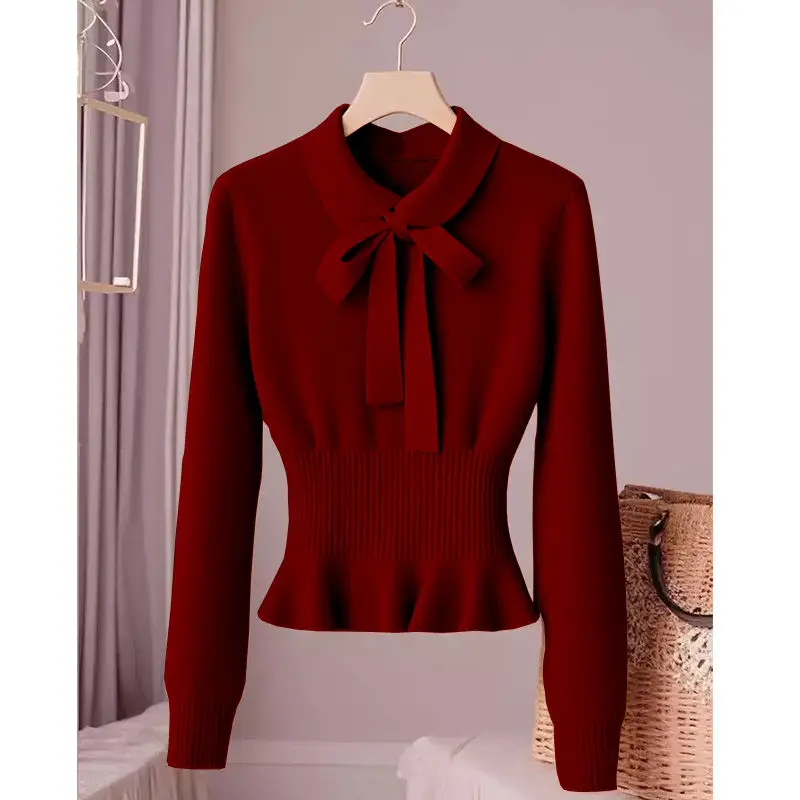 

French Fashion Sweet Top Women'S Autumn And Winter New Style High-End Bow Design Slim Fit Chic Sweater