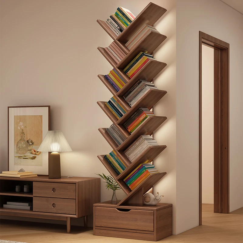 

Creative bookshelf Solid wood tree-shaped floor-to-ceiling shelf Living room integrated storage cabinet against the wall Locker