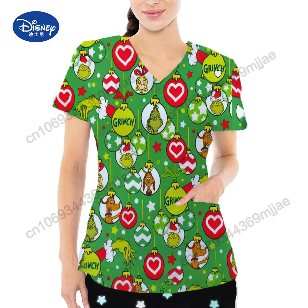 Disney Nurse T-shirt V-neck Pocket Women\'s Surgical Clothing Woman Clothes for Women Y2k Tops Women\'s Long Sleeve Top Female