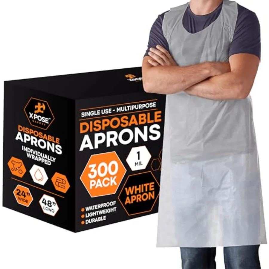 

300 White Plastic Disposable Aprons for Cooking Food Service Cleaning and Industrial Use Individually Packaged Durable 1 Mil Wa