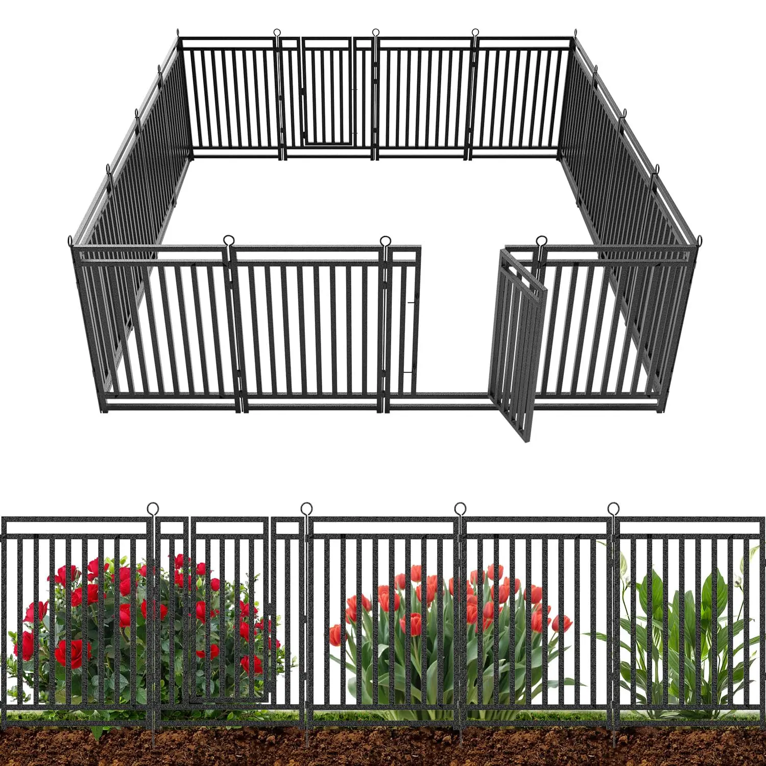 Metal Garden Fence Yard 36ft×40in 14 Panel 2 Gate Rustproof Animal Barrier Patio Flower Bed No Dig, Customized