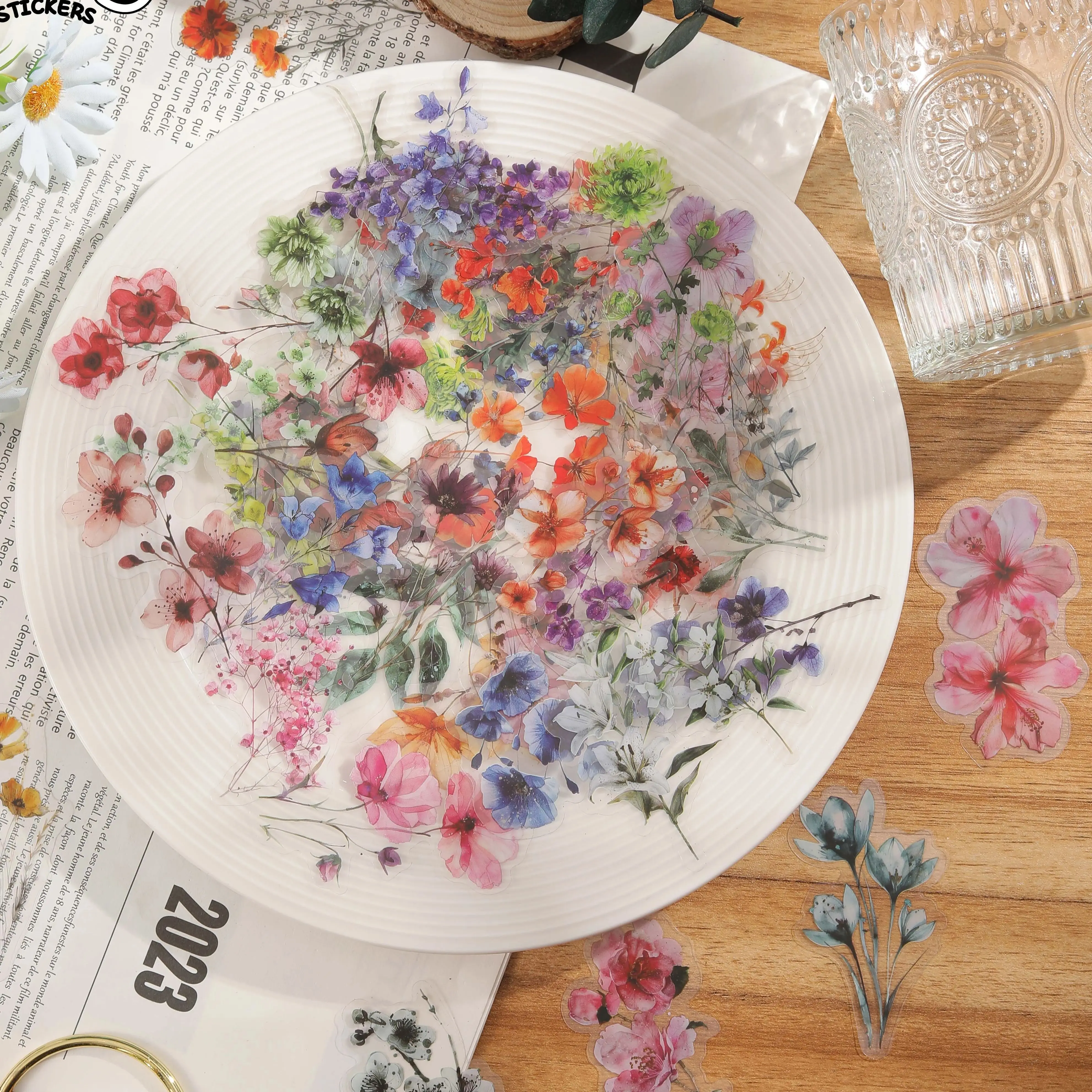50 stücke Kawaii Kreative Blume Pflanze Aufkleber Hand Zelt DIY Stick Etiketten Scrapbooking Journal Transparente Blume PET Aufkleber