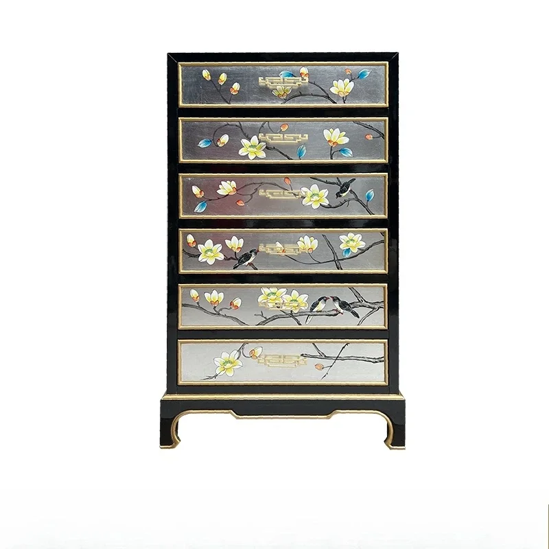 

Новый китайский стиль, окрашенный цветок и птица, шкафчик для хранения с несколькими ящиками для спальни, шкаф из цельного дерева с шестью сундуками, угловой шкаф для дивана