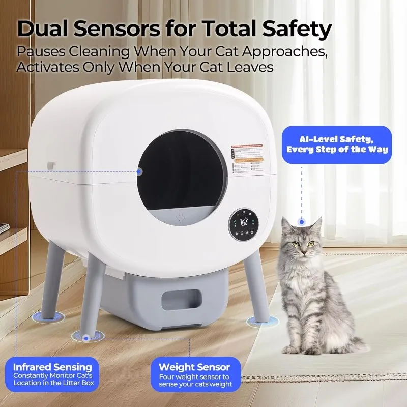 Extra Large Automatic Cat Litter Box, Durable Plastic Self-Cleaning Cat Toilet with Smart Odor Control, Low Noise Waste Disposal