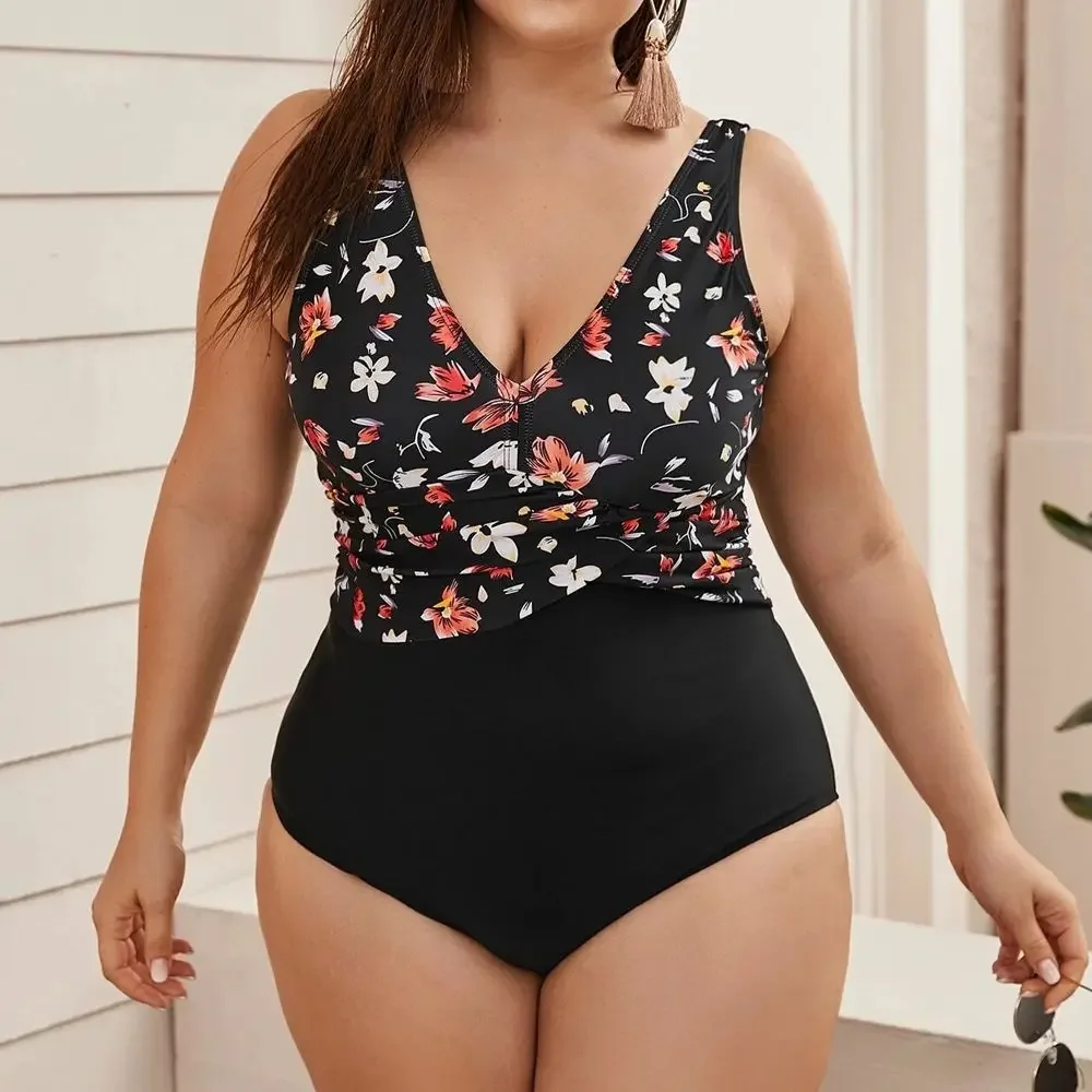 Women's large floral swimsuit, V-neck backless one-piece swimsuit, sexy style, SS10072024 summer novelty