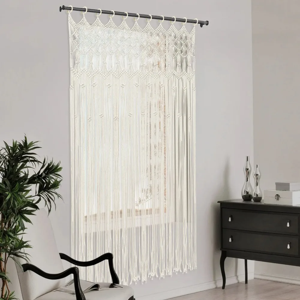 Door Curtains Macrame Style, 120x195cm Cotton Fabric with Wooden Rings, Breathable and Tear-Resistant, Boho Home Decoration for Doors and Windows