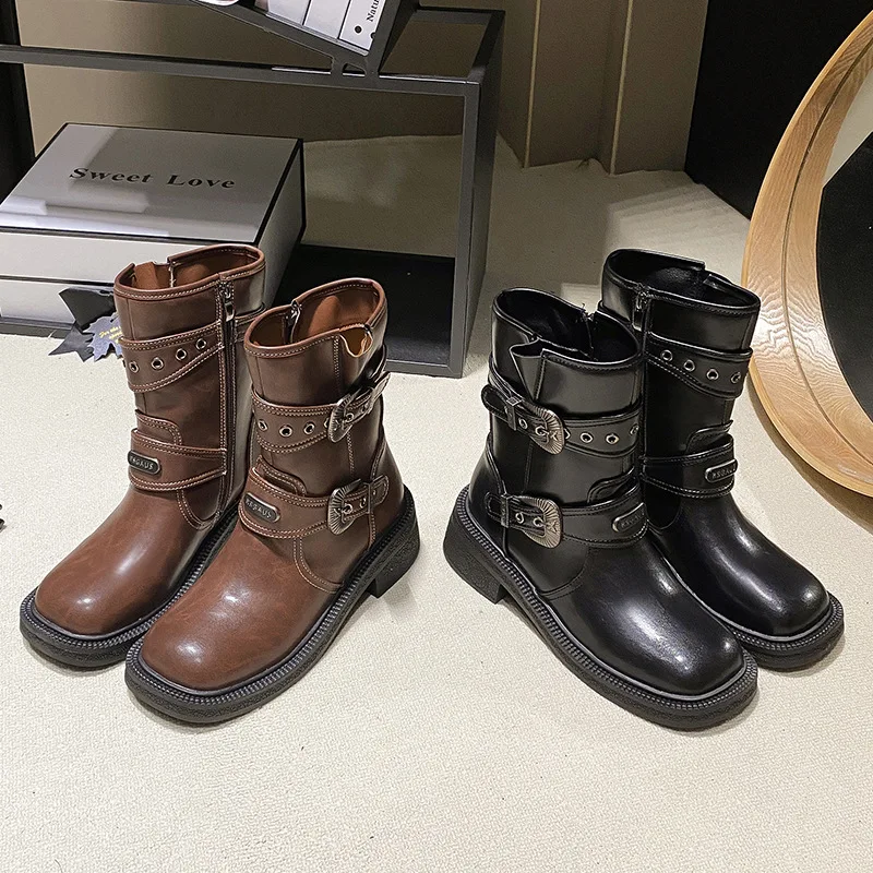 

Vintage Side Zipper Mid Calf Riding Boots Women Sexy Square Toe Medium Heel Western Boots Luxury Designer Metal Buckle Shoes