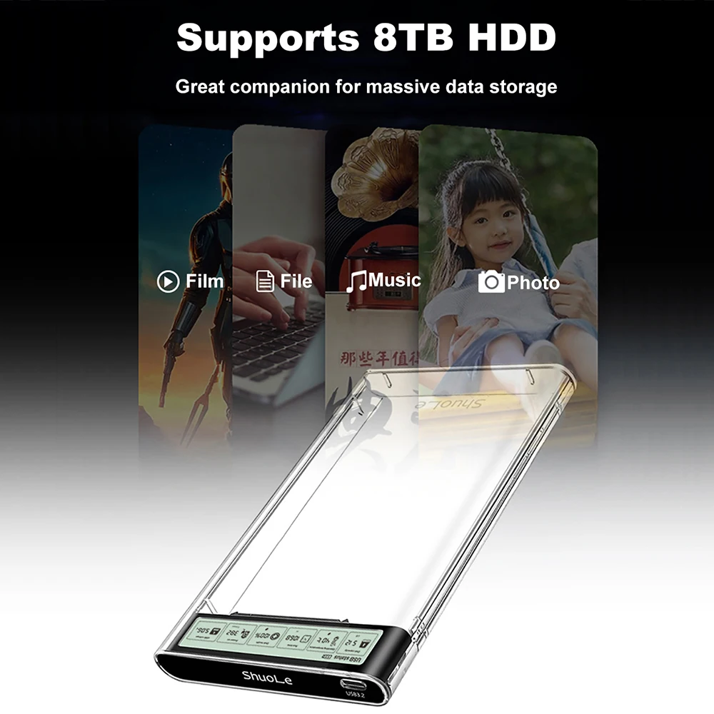 Smart Display HDD Case 2.5 Inch Transparent HDD Enclosure USB3.2 Gen2 External HDD Shell SATA HDD SSD Storage Case for Laptop PC